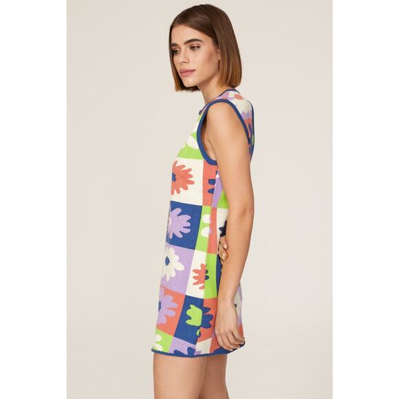 Louna Knit Shift Mini Dress Crew Neck Sleeveless Blue Printed Floral Multi SZ XS - Picture 2 of 11